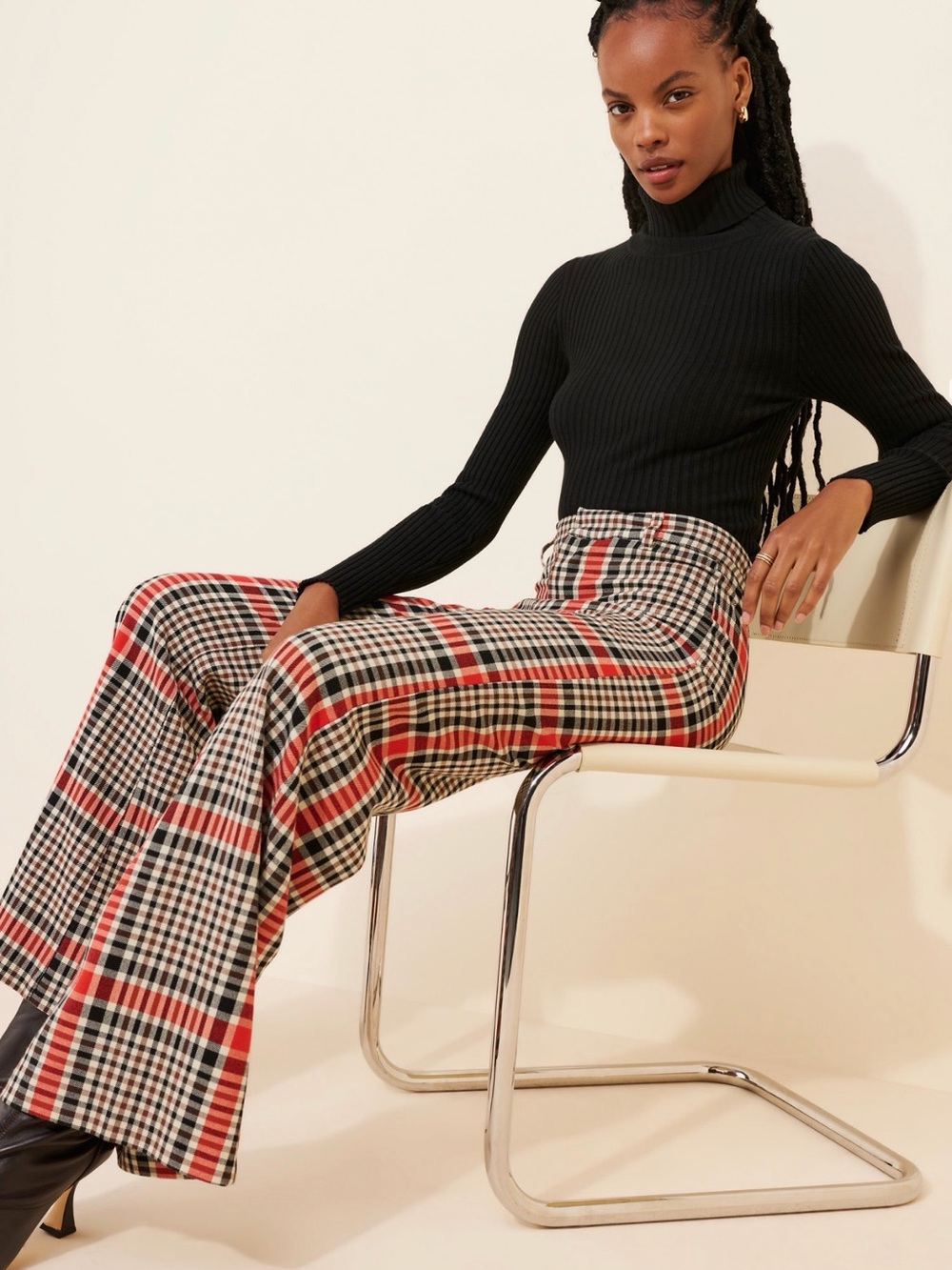 Free People Plaid Wide-Leg Pants - Black, Red & Cream